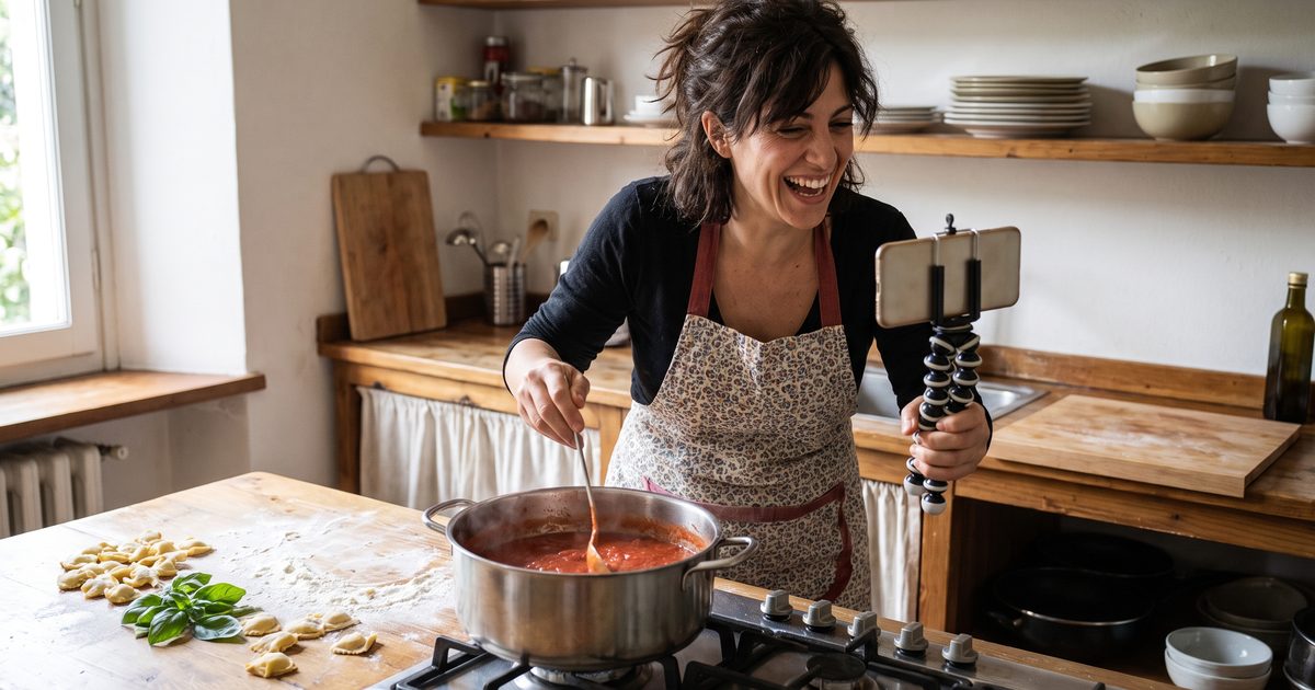 Una food creator gira un video mentre cucina nella cucina di casa